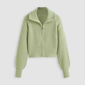 Light Green Knit Polo Zipper Crop Cardigan